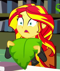 Size: 363x432 | Tagged: safe, imported from derpibooru, screencap, sunset shimmer, epic fails (equestria girls), eqg summertime shorts, equestria girls, cropped, leaf, solo, sunset wants her old digestive system back