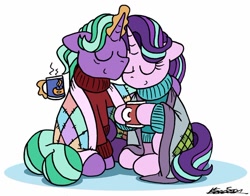 Size: 1024x801 | Tagged: safe, artist:bobthedalek, imported from derpibooru, firelight, starlight glimmer, pony, unicorn, blanket, bobthedalek is trying to murder us, bonding, clothes, coffee mug, cute, daaaaaaaaaaaw, duo, eyes closed, father and child, father and daughter, fathers gonna father, female, firebetes, floppy ears, glimmerbetes, hoof hold, horn, hug, magic, male, mare, mug, simple background, sitting, smiling, stallion, sweater, telekinesis, turtleneck, white background, wholesome