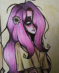 Size: 1080x1350 | Tagged: safe, alternate version, artist:sra_pinheiro_666, imported from derpibooru, fluttershy, human, bust, clothes, female, flower, flower in hair, humanized, makeup, solo, traditional art