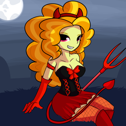Size: 3000x3000 | Tagged: safe, artist:tjpones, imported from derpibooru, adagio dazzle, equestria girls, boots, bow, breasts, busty adagio dazzle, cleavage, clothes, corset, costume, devil costume, devil horns, evening gloves, fishnets, full moon, gloves, halloween, halloween costume, holiday, long gloves, looking at you, moon, pitchfork, shoes, skirt, smiling, solo, spaded tail