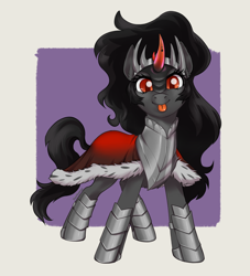 Size: 2362x2600 | Tagged: safe, artist:taytinabelle, imported from derpibooru, king sombra, pony, unicorn, :p, armor, armored legs, armored pony, boots, cape, chestplate, clothes, colored horn, crown, curved horn, cute, female, horn, jewelry, looking at you, mare, queen umbra, regalia, rule 63, rule63betes, shoes, simple background, smiling, solo, tongue out, umbradorable, wide stance