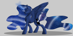 Size: 3000x1500 | Tagged: safe, artist:toptian, imported from derpibooru, princess luna, alicorn, pony, ethereal mane, eyes closed, female, glowing horn, horn, mare, simple background, solo, starry mane