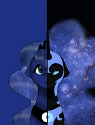 Size: 1207x1584 | Tagged: safe, artist:toptian, imported from derpibooru, nightmare moon, princess luna, alicorn, pony, bust, ethereal mane, female, galaxy mane, helmet, mare, peytral, solo, split screen