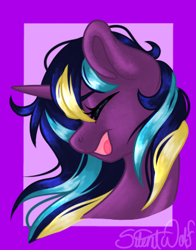 Size: 330x421 | Tagged: safe, artist:silentwolf-oficial, imported from derpibooru, oc, oc only, pony, unicorn, bust, eyes closed, horn, open mouth, signature, smiling, solo, unicorn oc