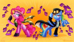 Size: 2156x1213 | Tagged: safe, artist:kimmyartmlp, imported from derpibooru, pinkie pie, rainbow dash, earth pony, pegasus, animated, clothes, cosplay, costume, jojo's bizarre adventure, joseph joestar, jotaro kujo, menacing, pointing, wing hands, wings, ゴ ゴ ゴ