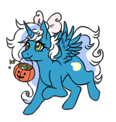 Size: 290x304 | Tagged: safe, artist:beansfish, imported from derpibooru, oc, oc only, oc:fleurbelle, alicorn, pony, adorabelle, alicorn oc, bow, candy, chibi, cute, female, food, hair bow, horn, mare, pumpkin bucket, simple background, solo, transparent background, wings, yellow eyes