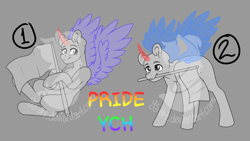 Size: 1920x1080 | Tagged: safe, artist:silentwolf-oficial, imported from derpibooru, oc, oc only, pony, commission, duo, flag, gay pride flag, gray background, mouth hold, pride, pride flag, signature, simple background, watermark, your character here