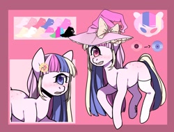 Size: 2560x1950 | Tagged: safe, artist:helemaranth, imported from derpibooru, cyclops pony, oc, oc only, pony, duo, flower, flower in hair, hat, reference sheet, witch hat