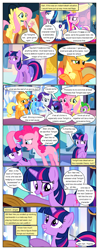 Size: 612x1552 | Tagged: safe, artist:newbiespud, edit, edited screencap, imported from derpibooru, screencap, applejack, fluttershy, pinkie pie, princess cadance, rainbow dash, rarity, shining armor, spike, twilight sparkle, dragon, earth pony, pegasus, pony, unicorn, comic:friendship is dragons, mmmystery on the friendship express, the crystal empire, comic, dialogue, eyelashes, female, flying, hat, male, mane seven, mane six, mare, raised hoof, screencap comic, shrug, smiling, stallion