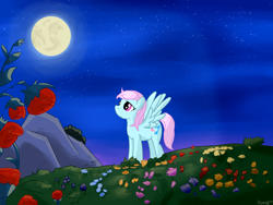 Size: 4000x3000 | Tagged: safe, artist:uteuk, imported from derpibooru, wind whistler, pegasus, pony, female, flower, g1, g1 to g4, g4, generation leap, mare, moon, rose, solo