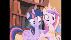 Size: 600x338 | Tagged: safe, imported from derpibooru, screencap, discord, princess cadance, twilight sparkle, alicorn, bee, insect, pony, three's a crowd, :o, animated, cropped, crown, cute, cutedance, duo focus, female, gif, glass of water, golden oaks library, jewelry, mare, necklace, open mouth, regalia, sisters-in-law, twiabetes, twilight sparkle (alicorn)