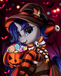 Size: 2550x3209 | Tagged: safe, artist:pridark, imported from derpibooru, part of a set, oc, oc only, oc:moonlit ace, oc:moonlit silver, pony, unicorn, candy, clothes, commission, food, halloween, hat, high res, holiday, jack-o-lantern, open mouth, pumpkin, socks, solo, striped socks, witch hat, ych result