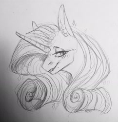 Size: 3022x3124 | Tagged: safe, artist:d3pressedr4inbow, imported from derpibooru, rarity, pony, unicorn, bust, female, grayscale, mare, monochrome, pencil drawing, profile, solo, traditional art