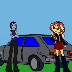 Size: 768x768 | Tagged: safe, artist:thatradhedgehog, imported from derpibooru, sunset shimmer, equestria girls, bellbottoms, car, chevrolet chevette, crossover, female, lesbian, raven (dc comics), raven (teen titans), shimrav, teen titans