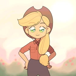 Size: 1200x1200 | Tagged: safe, artist:chapaghettii, imported from derpibooru, applejack, equestria girls, cute, female, hand on hip, jackabetes, looking at you, no pupils, solo