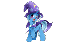 Size: 1279x720 | Tagged: safe, artist:nekoshiei, artist:ramivic, editor:murderminer77, trixie, pony, unicorn, blushing, cape, cloak, clothes, confident, cute, diatrixes, female, hat, looking at you, magician outfit, mare, one hoof raised, open mouth, simple background, smiling, solo, trixie's cape, trixie's hat, watermark, white background