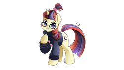 Size: 1279x720 | Tagged: safe, artist:nekoshiei, artist:ramivic, edit, editor:murderminer77, moondancer, pony, unicorn, clothes, cute, dancerbetes, female, glasses, horn, looking at you, mare, raised hoof, simple background, solo, sweater, turtleneck, wallpaper, wallpaper edit, white background