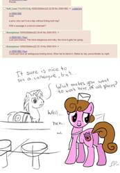 Size: 1456x2104 | Tagged: safe, artist:softlava, donut joe, oc, oc:nutty putty, earth pony, pony, unicorn, 4chan, apron, clothes, dialogue, drawthread, female, horn, implied anal, implied sex, male, mare, monochrome, stallion