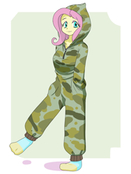 Size: 1536x2048 | Tagged: safe, artist:batipin, fluttershy, equestria girls, camouflage, clothes, female, hands in pockets, hoodie, socks, solo