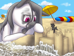 Size: 1600x1200 | Tagged: safe, artist:causticeichor, imported from derpibooru, oc, oc:inkenel, oc:oretha, pony, attack on pony, attack on titan, beach, blob, colossal titan, eren jaeger, macro, micro, sandcastle, size difference