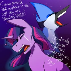 Size: 1080x1080 | Tagged: safe, artist:crooked_beetles, artist:crookedbeetles, imported from derpibooru, twilight sparkle, bird, blue jay, pony, unicorn, aeroplanes and meteor showers, airplanes (song), b.o.b., crossover, crossover shipping, crying, dialogue, female, hayley williams, lyrics, male, mare, meme, mordecai, mordetwi, night, redraw mordetwi meme, regular show, sad, shipping, shooting star, song reference, stars, straight, teary eyes, text, unicorn twilight