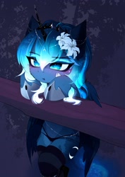 Size: 2894x4093 | Tagged: safe, artist:magnaluna, imported from derpibooru, princess luna, alicorn, semi-anthro, blushing, clothes, crown, cute, female, filly, flower, flower in hair, jewelry, lunabetes, panties, pouting, regalia, socks, solo, striped socks, underwear, woona, younger
