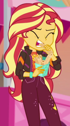 Size: 450x807 | Tagged: safe, imported from derpibooru, screencap, sunset shimmer, equestria girls, equestria girls series, sunset's backstage pass!, spoiler:eqg series (season 2), biting, churros, cropped, eating, female, food, music festival outfit, solo