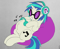 Size: 884x720 | Tagged: safe, artist:mj455, imported from derpibooru, dj pon-3, vinyl scratch, pony, unicorn, bean bag chair, beanbag chair, belly, belly button, big belly, cute, female, grin, headphones, mare, music notes, outie belly button, pregnant, simple background, smiling, solo, sunglasses, vinylbetes