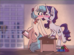 Size: 1400x1050 | Tagged: safe, artist:provolonepone, imported from derpibooru, coco pommel, rarity, earth pony, pony, unicorn, book, chromatic aberration, clipboard, eyes closed, female, kissing, lesbian, mare, marshmallow coco, shipping, table, wristband