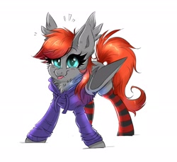 Size: 2109x1935 | Tagged: safe, artist:confetticakez, imported from derpibooru, oc, oc only, oc:grem, bat pony, pony, :p, bat pony oc, bat wings, chest fluff, clothes, ear fluff, fangs, fluffy, grembetes, hoodie, looking at you, simple background, smiling, socks, solo, striped socks, tongue out, white background, wings