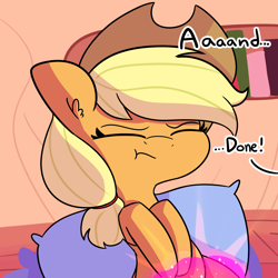 Size: 2048x2048 | Tagged: safe, artist:tjpones, imported from derpibooru, applejack, twilight sparkle, earth pony, pony, comic:knockin boots, :t, comic, explicit source, eyes closed, female, golden oaks library, implied twilight sparkle, lesbian, magic, offscreen character, pillow, shipping, twijack