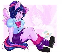 Size: 1280x1097 | Tagged: safe, artist:ferwanwan, imported from derpibooru, twilight sparkle, alicorn, human, equestria girls, clothes, digital art, ears, humanized, looking at you, shoes, skirt, socks, solo, stockings, tail, thigh highs, twilight sparkle (alicorn), wings, zoom layer