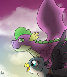 Size: 1753x2000 | Tagged: safe, artist:ponykittenboi, imported from derpibooru, gabby, spike, dragon, griffon, female, flying, gigachad spike, male, older, older gabby, older spike, shipping, spabby, straight, sunrise