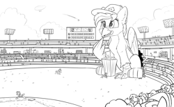 Size: 5000x3091 | Tagged: safe, artist:tsitra360, imported from derpibooru, oc, oc:velen, griffon, baseball, baseball cap, cap, female, food, giant griffon, hat, macro, monochrome, popcorn, size difference, sketch, sports, stadium