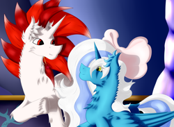 Size: 3388x2483 | Tagged: safe, artist:thebenalpha, imported from derpibooru, oc, oc:fleurbelle, oc:ryoku memori, alicorn, alicorn oc, castle, ear fluff, horn, ryoku verse, talking, wings