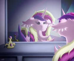 Size: 2896x2421 | Tagged: safe, artist:thebenalpha, imported from derpibooru, princess cadance, alicorn, crown, crystal empire, dock, ear fluff, jewelry, mirror, reflection, regalia, sad, tired