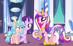 Size: 1640x1052 | Tagged: safe, artist:whiteplumage233, imported from derpibooru, cozy glow, princess cadance, princess flurry heart, starlight glimmer, pony, a better ending for cozy, grin, hiding, nervous, nervous grin, older, older cozy glow, older flurry heart, smiling