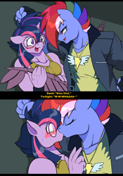 Size: 1000x1432 | Tagged: safe, artist:droll3, imported from derpibooru, rainbow dash, twilight sparkle, anthro, pegasus, unicorn, against wall, alternate hairstyle, alternate timeline, apocalypse dash, artificial wings, augmented, awkward, blushing, clothes, crossover, crystal war timeline, devil may cry, devil may cry 5, dialogue, duo, duo female, female, glasses, kissing, lesbian, lesbian dash, lesbian twilight, looking at each other, mechanical wing, nerd, nero (devil may cry), nicoletta goldstein, pegasus wings, round glasses, shipping, surprise kiss, torn ear, twidash, unicorn twilight, wings, wonderbolt badge