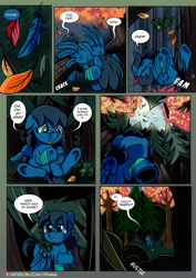 Size: 2480x3508 | Tagged: safe, artist:dsana, imported from derpibooru, oc, oc:lullaby dusk, pegasus, pony, comic:a storm's lullaby, alone, bandaged leg, bruised, comic, crash, crying, dsana is playing with our feelings, falling, feather, female, filly, forest, injured, injured wing, leaves, lost, ominous, plushie, tears of pain, teary eyes, this will not end well, tree, underhoof, wings