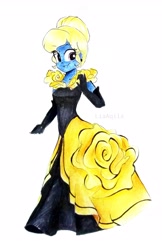 Size: 2322x3573 | Tagged: safe, artist:liaaqila, imported from derpibooru, oc, oc only, oc:azure/sapphire, equestria girls, beauty and the beast, belle, clothes, cosplay, costume, crossdressing, disney princess masquerade, dress, ear piercing, earring, evening gloves, gloves, gown, jewelry, long gloves, piercing, princess costume, solo, traditional art