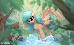 Size: 1556x940 | Tagged: safe, artist:kez, artist:rileyisherehide, imported from derpibooru, oc, oc only, pegasus, pony, collaboration, cute, forest, oc needed, river, solo, splashing, stream, water