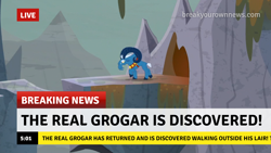 Size: 1280x720 | Tagged: safe, edit, edited screencap, imported from derpibooru, screencap, grogar, sheep, the summer sun setback, break your own news, breaking news, caption, cloven hooves, evil lair, glare, grogar's lair, horns, image macro, lair, male, meme, ram, solo, text, walking