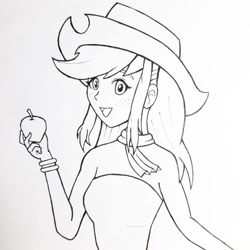 Size: 1024x1024 | Tagged: safe, artist:silverover9000, imported from derpibooru, applejack, equestria girls, apple, clothes, dress, food, hat, monochrome, solo, traditional art