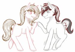 Size: 800x555 | Tagged: safe, anonymous artist, imported from derpibooru, oc, oc only, oc:lanaia, oc:listfia, unicorn, blank flank, eyelashes, female, grin, holding hooves, horn, looking at each other, one hoof raised, raised hoof, siblings, sisters, smiling, twins, two toned mane, two toned tail, watermark