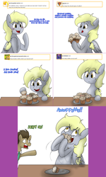 Size: 1502x2504 | Tagged: safe, artist:asksweetdisaster, imported from derpibooru, derpy hooves, doctor whooves, time turner, earth pony, pegasus, pony, lovestruck derpy, duo, female, food, male, mare, muffin, stallion, that pony sure does love muffins