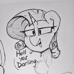 Size: 3120x3120 | Tagged: safe, artist:perezadotarts, imported from derpibooru, rarity, pony, unicorn, darling, female, lineart, paper, photo, sketch, solo, talking, text, traditional art