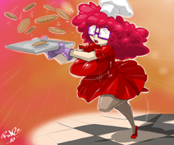 Size: 3620x3017 | Tagged: safe, artist:shonuff44, imported from derpibooru, twist, human, adult, breasts, busty twist, chef's hat, clothes, cookie, food, glasses, gloves, hat, high heels, humanized, implied falling, open mouth, red, red clothes, shoes, skirt, socks, stockings, thigh highs, tripping