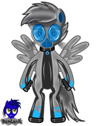 Size: 3840x5026 | Tagged: safe, artist:damlanil, imported from derpibooru, oc, oc:toxic plunge, pegasus, pony, bipedal, boots, clothes, collar, commission, gas mask, hazmat pony drone, heart, heart eyes, latex, looking at you, male, mask, raised hoof, rubber, rubber drone, shiny, shiny mane, shoes, show accurate, simple background, solo, spread wings, stallion, transformation, transparent background, vector, wingding eyes, wings