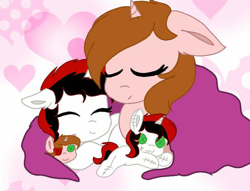 Size: 800x610 | Tagged: safe, anonymous artist, imported from derpibooru, oc, oc only, oc:lanaia, oc:listfia, pony, unicorn, blanket, female, filly, floppy ears, heart, heterochromia, horn, plushie, siblings, sisters, sleeping, sleeping together, smiling, stitches, twins, two toned mane, two toned tail