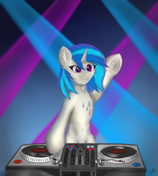 Size: 2324x2584 | Tagged: safe, artist:flapstune, imported from derpibooru, dj pon-3, vinyl scratch, pony, unicorn, bipedal, club, female, fluffy, frog (hoof), horn, lights, mare, signature, smiling, solo, table, turntable, underhoof